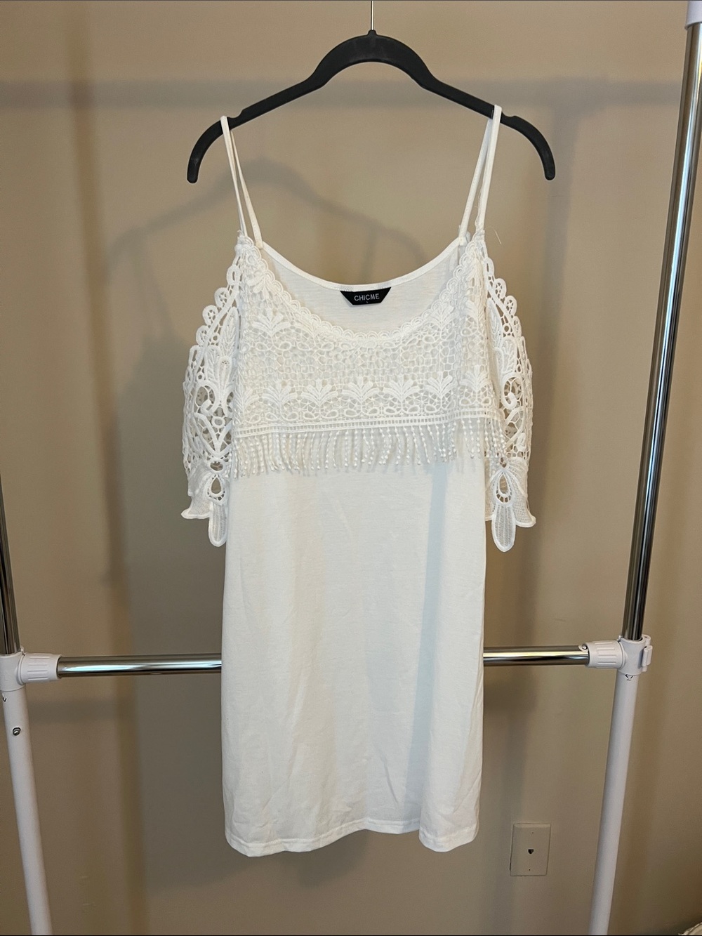 White Crochet Fringe Cold-Shoulder Dress